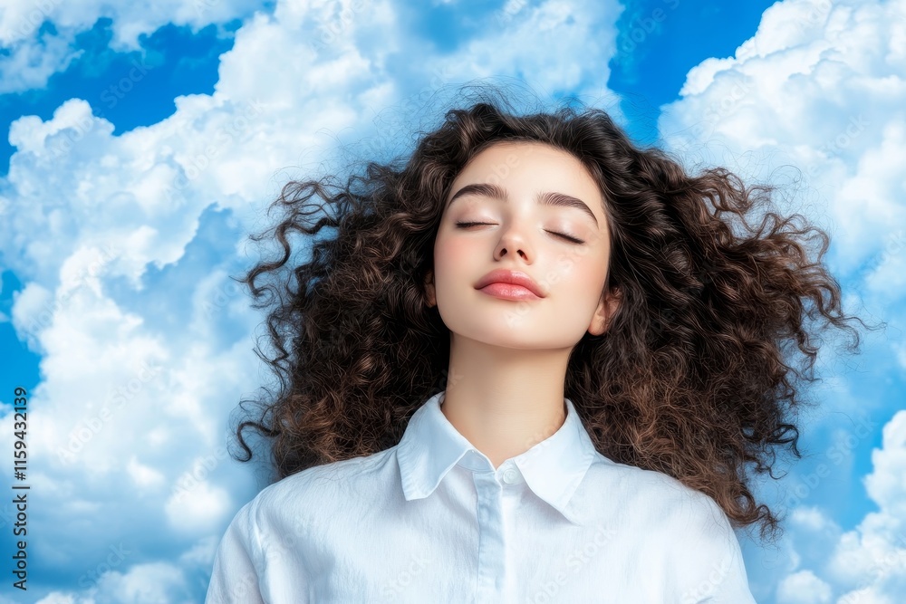 Serene Dreamscape - Peaceful, dreamy, tranquil, ethereal, and calming; a young woman rests amidst fluffy clouds, symbolizing serenity and dreams. Serene Dreamscape - Peaceful, dreamy, tranquil, ethereal, and calming; a young woman rests amidst fluffy clouds, symbolizing serenity and dreams.