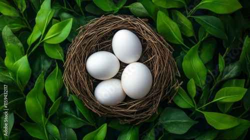 White Eggs Nestled in a Natural Bird's Nest - Four pristine white eggs rest gently within a rustic bird's nest, cradled by vibrant green foliage. Symbolizing new beginnings, life, nature, fragility, a