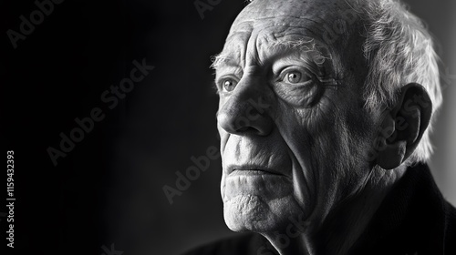 A dramatic black and white portrait of an elderly man
