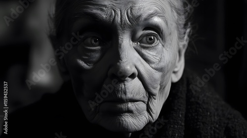A dramatic black and white portrait of an elderly woman