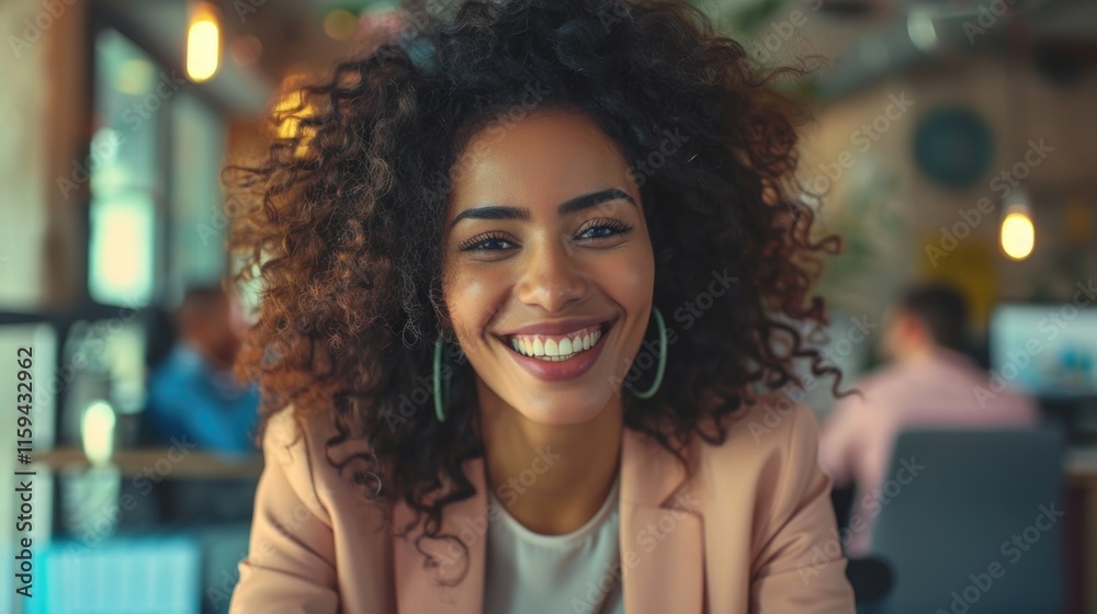 Happy, smiling businesswoman sitting at a desk in an office setting. Professional attire and casual demeanor. Happy, smiling businesswoman sitting at a desk in an office setting. Professional attire and casual demeanor.