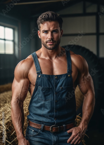 confident and muscular man stands against a rustic backdrop. His strong physique is highlighted by a denim overall outfit