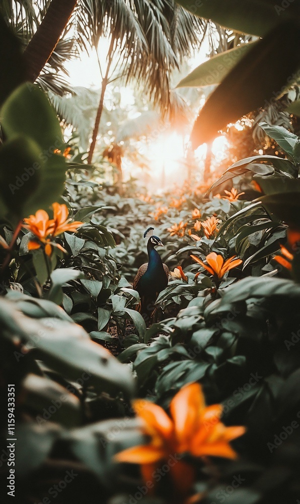 Fototapeta premium Majestic peacock amidst lush foliage and vibrant orange flowers at sunset.