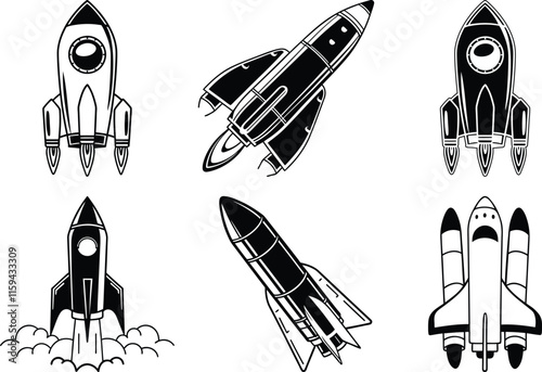 Space Rocket set silhouette vector, Space Rocket line art vector illustration