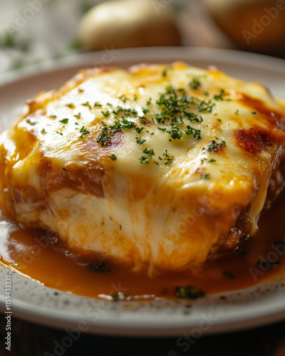 Close-up of francesinha showing gooey cheese and thick sauce, inviting and hearty, soft lighting photo