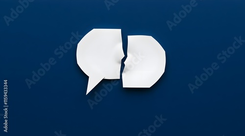 A fragmented white origami speech bubble against a dark blue background, depicting broken communication, space for copy