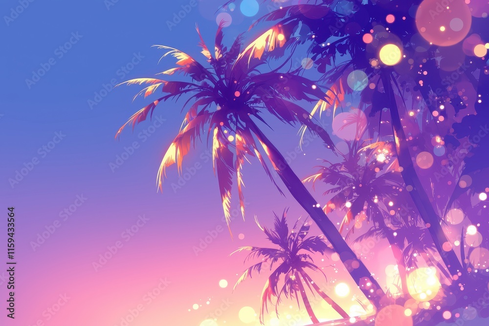 A vibrant sunset scene with palm trees and colorful bokeh effects. A vibrant sunset scene with palm trees and colorful bokeh effects.