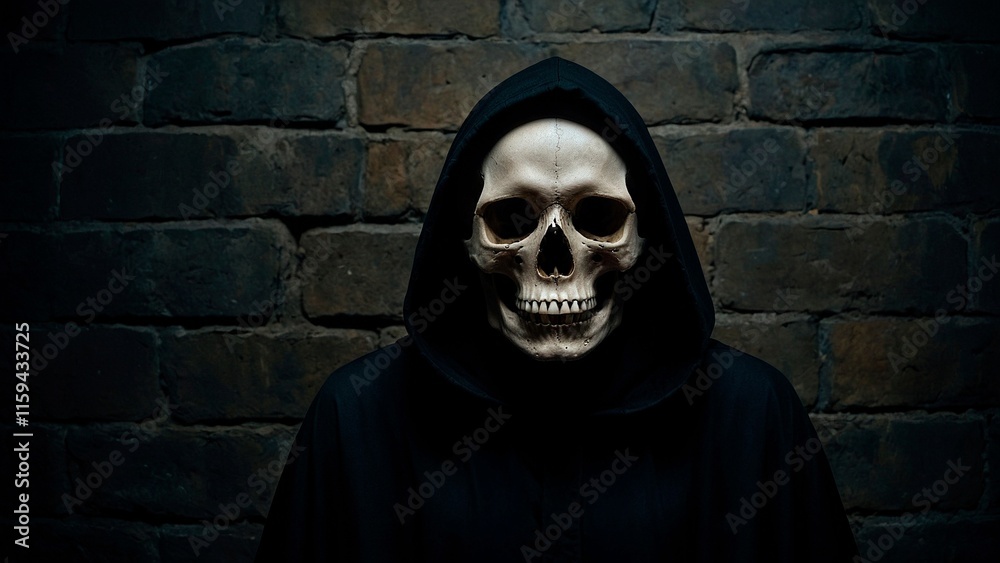 custom made wallpaper toronto digitalGrim Reaper with skull face wearing black hood standing against a grunge dark brick wall. Death Halloween costume illustration.