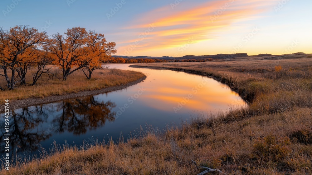 A winding river reflecting the colors of autumn trees under a glowing sunset sky A winding river reflecting the colors of autumn trees under a glowing sunset sky