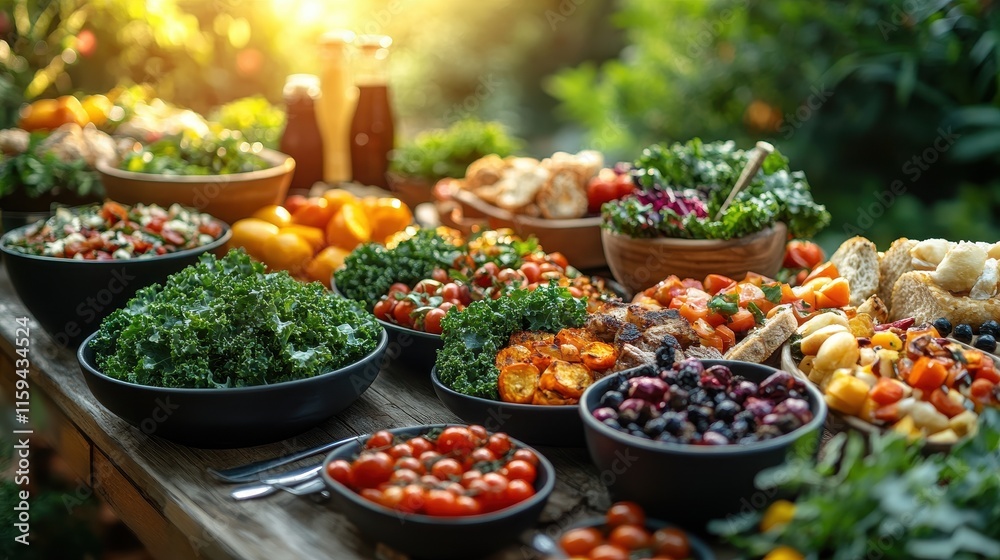 Table Scene with Friends Sharing Kale and Roasted Vegetable Salad Table Scene with Friends Sharing Kale and Roasted Vegetable Salad