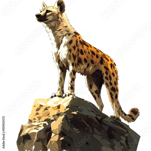 Hyena standing on rock, wildlife art. photo