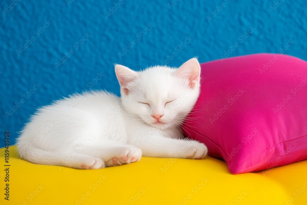 White Kitten Sleeping Peacefully - A cute white kitten naps soundly on a yellow cushion, beside a vibrant pink pillow. Sweet dreams, comfort, purity, rest, and joy are symbolized. White Kitten Sleeping Peacefully - A cute white kitten naps soundly on a yellow cushion, beside a vibrant pink pillow. Sweet dreams, comfort, purity, rest, and joy are symbolized.
