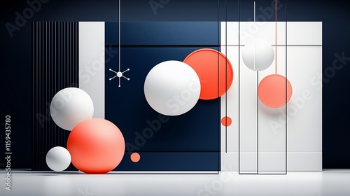 Abstract 3D spheres, geometric shapes, modern design, dark background.