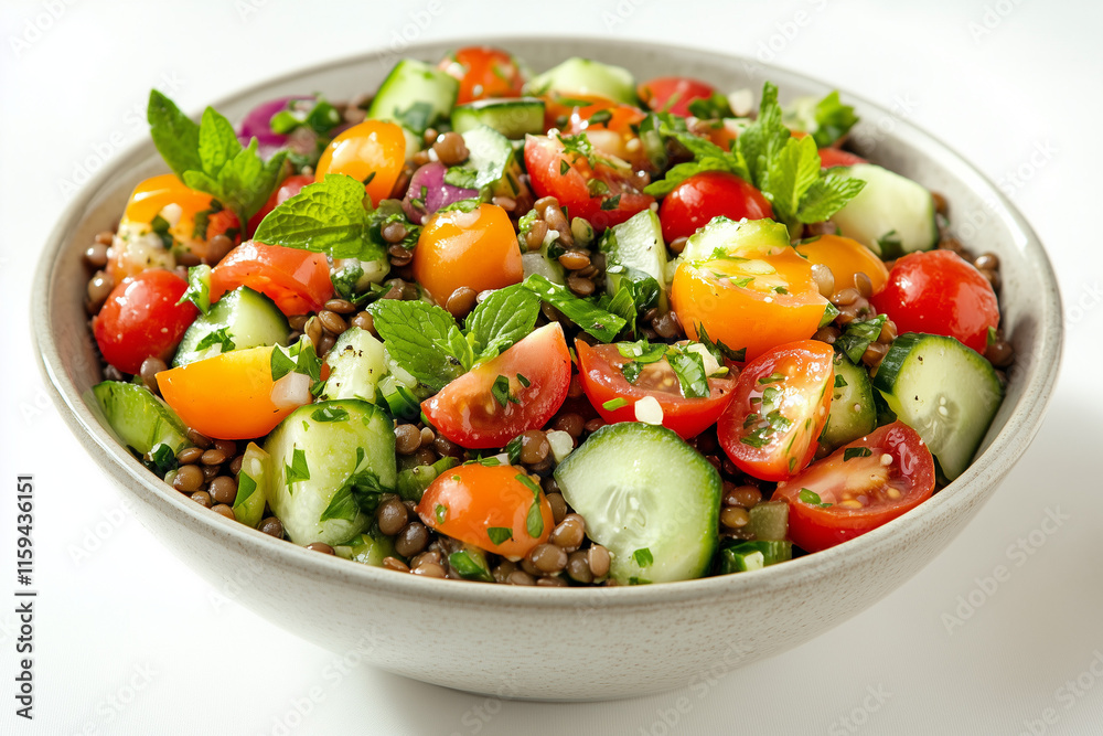 Lentil salad with colorful vegetables, clean presentation, bright and healthy vibe Lentil salad with colorful vegetables, clean presentation, bright and healthy vibe