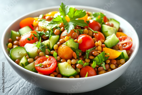 Lentil salad with colorful vegetables, clean presentation, bright and healthy vibe