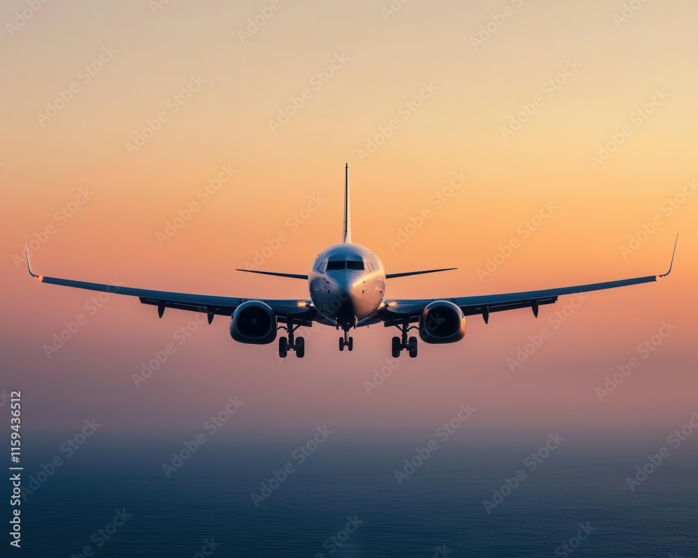Airplane crossing a calm sea at sunset, with the horizon glowing in warm golden tones Airplane crossing a calm sea at sunset, with the horizon glowing in warm golden tones
