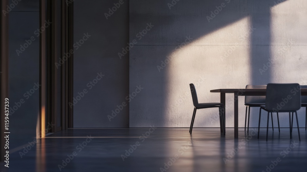 Fototapeta premium Contemporary minimalist dining area with minimal furnishings. Featuring a clean, open design with modern lines