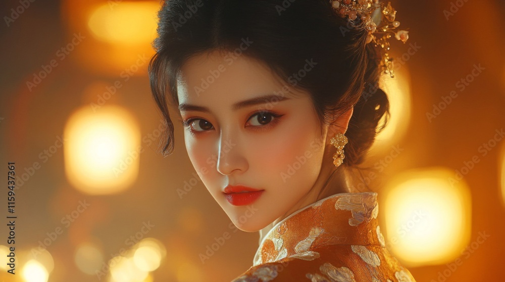 Elegant Asian Woman in Traditional Golden Attire Elegant Asian Woman in Traditional Golden Attire