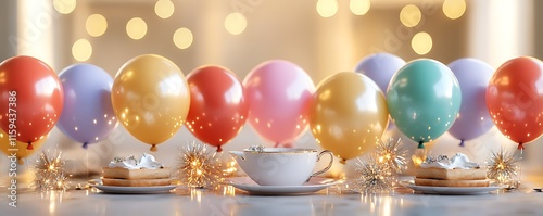 New Yeara??s Day Breakfast Table with Colorful Balloons and Sparkling Tableware photo