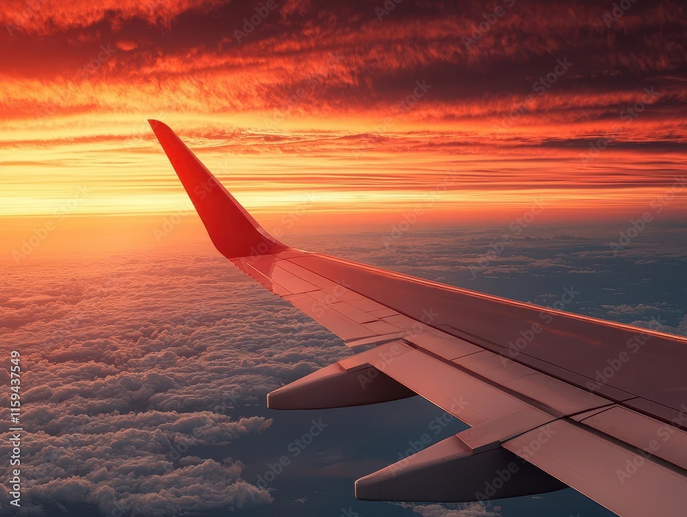 Closeup of an airplane wing as it cuts through clouds lit by the deep reds of a sunset Closeup of an airplane wing as it cuts through clouds lit by the deep reds of a sunset