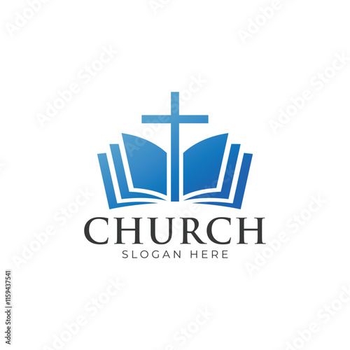 Christian Cross Church logo design vector illustration. cross logo with leaves around it