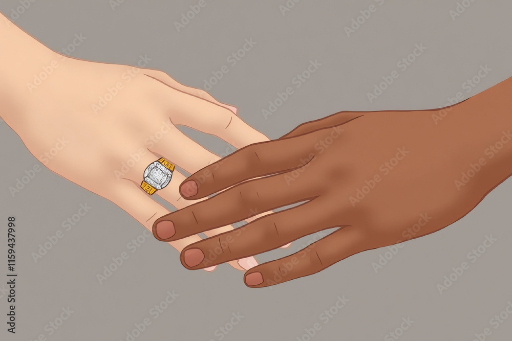 An intimate Moment of joining Different-colored Hands with an Elegant Diamond Ring on a white hand, On A Neutral Background An intimate Moment of joining Different-colored Hands with an Elegant Diamond Ring on a white hand, On A Neutral Background