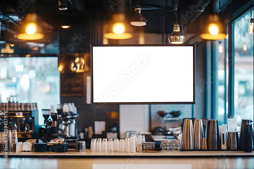 Modern Cafe Digital Menu Board Mockup, blank white digital screen mounted above the counter of a modern cafe restaurant