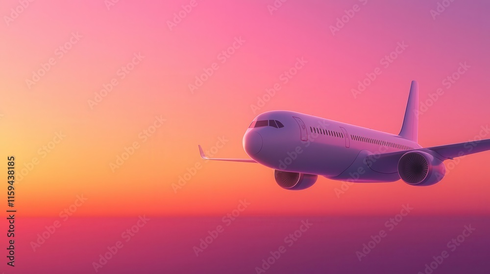 Obraz premium A passenger plane framed by a radiant sunset, with a glowing orange and purple backdrop