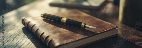 Luxury fountain pen with gold accents placed elegantly on a leather bound notebook on a rustic wooden table. Generative AI photo