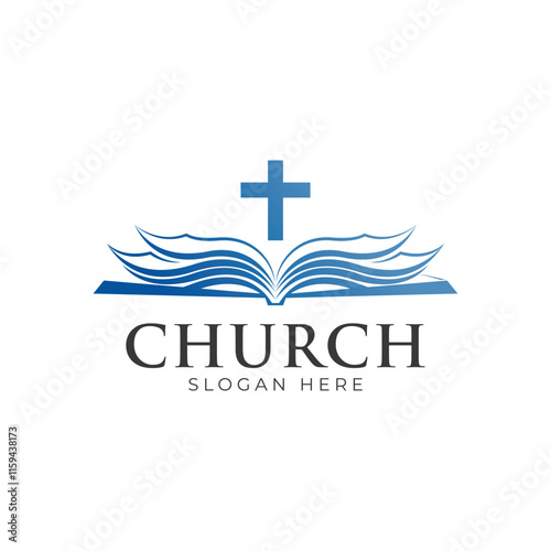 Christian Cross Church logo design vector illustration. cross logo with leaves around it