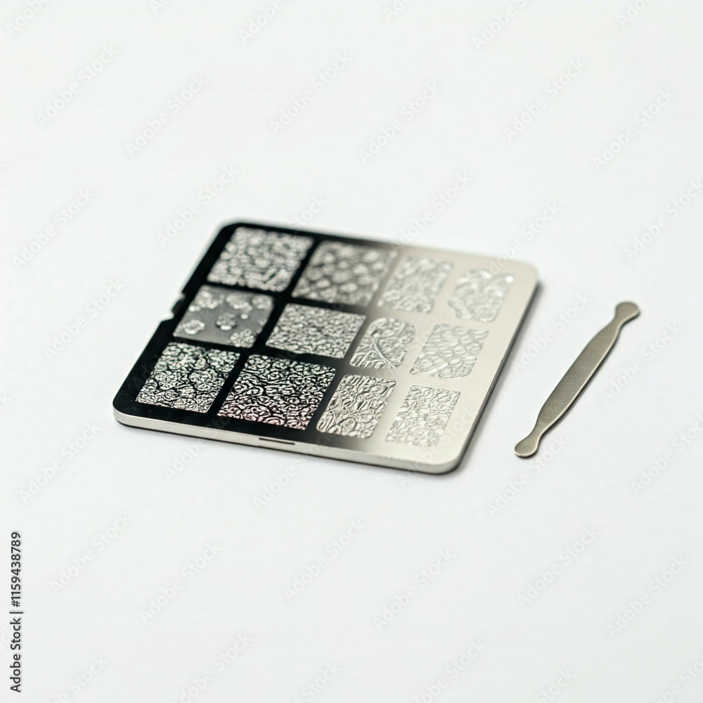 metal nail art stamping plate with scraper tool on white background metal nail art stamping plate with scraper tool on white background