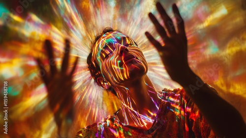 A participant experiencing an ayahuasca vision, with their body surrounded by radiant, colorful geometric energy patterns photo