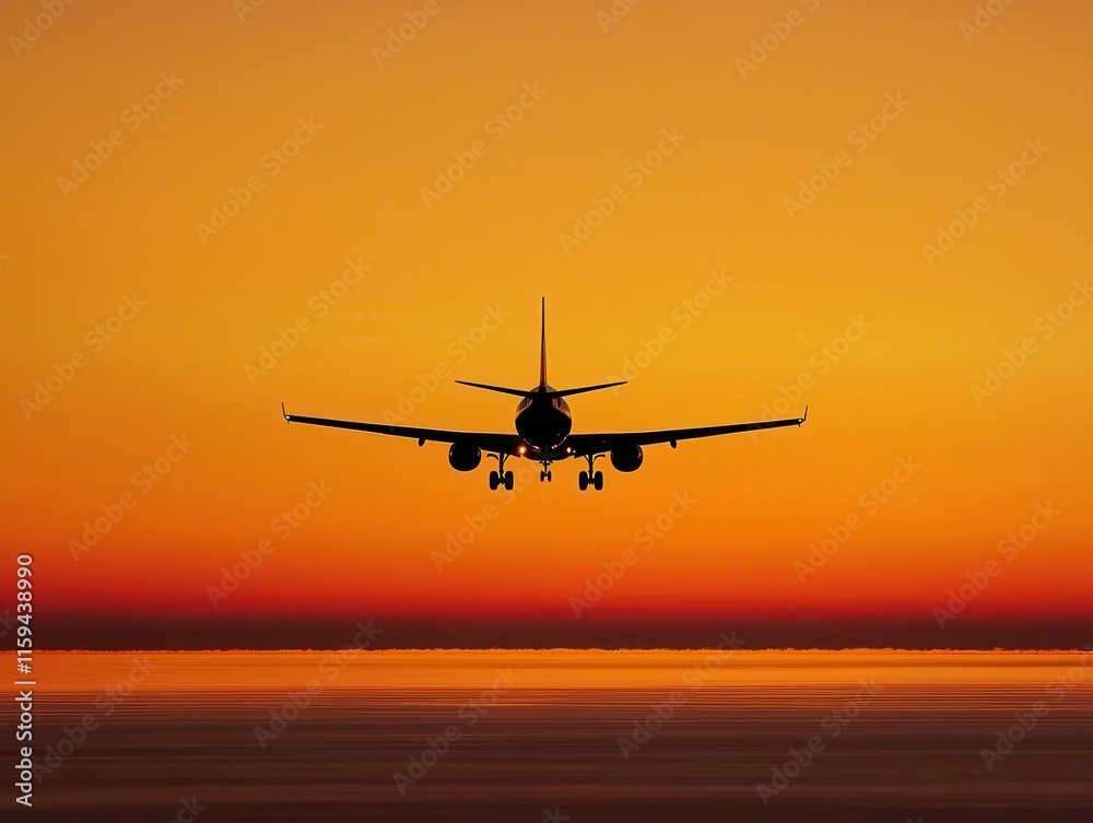 Passenger jet flying over a golden horizon with clouds illuminated by the warm tones of sunset Passenger jet flying over a golden horizon with clouds illuminated by the warm tones of sunset