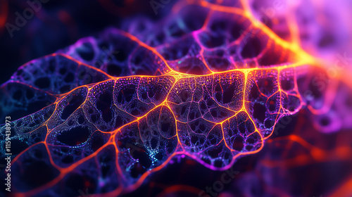 A close-up of an ayahuasca leaf, with its veins glowing and forming intricate fractal shapes