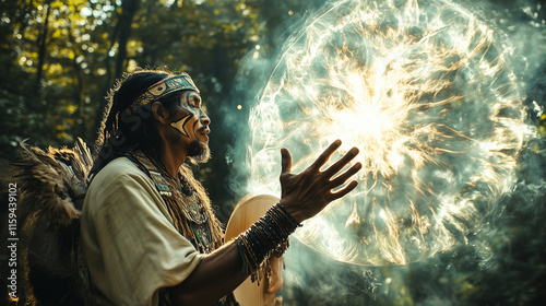 A shaman singing an icaros song, with sound waves forming visible, intricate patterns in the surrounding air photo