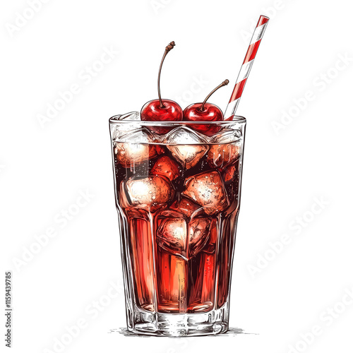 Cherries and ice in a glass with a straw.
