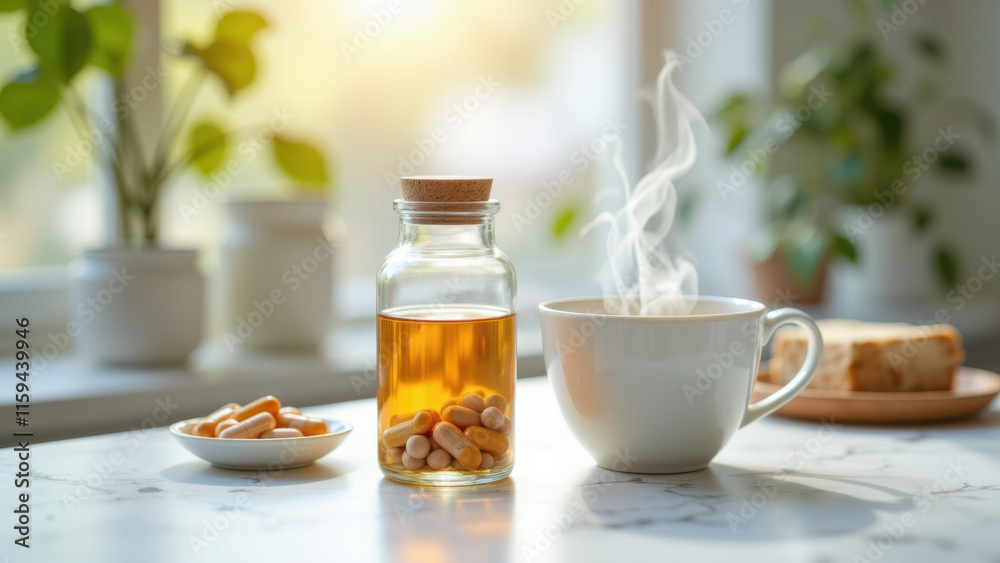 A well-organized coffee setup with a bottle of magnesium supplement next to a cup of coffee, accompanied by honey and snacks on a window sill. A well-organized coffee setup with a bottle of magnesium supplement next to a cup of coffee, accompanied by honey and snacks on a window sill.