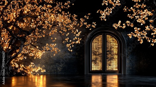 Japanese vintage room, background. Traditional high class Japanese style room painted in gold backs. Hand-edited.