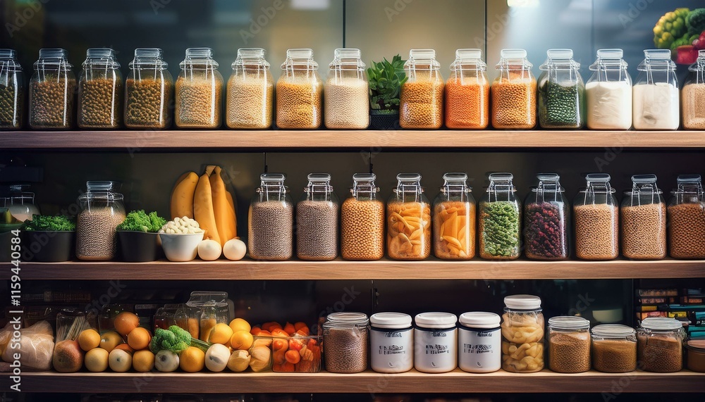 Jars of Food Ingredients on Wooden Shelfs in Grocery Produce Store Jars of Food Ingredients on Wooden Shelfs in Grocery Produce Store