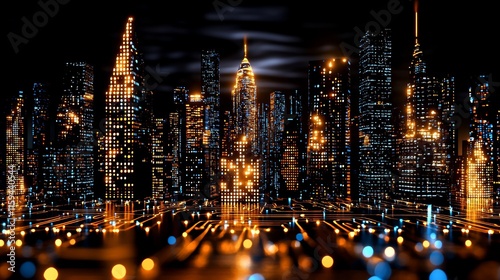 The futuristic neon cityscape is reminiscent of a digital network of skyscrapers, resembling a network of skyscrapers illuminated by blue and orange lights.