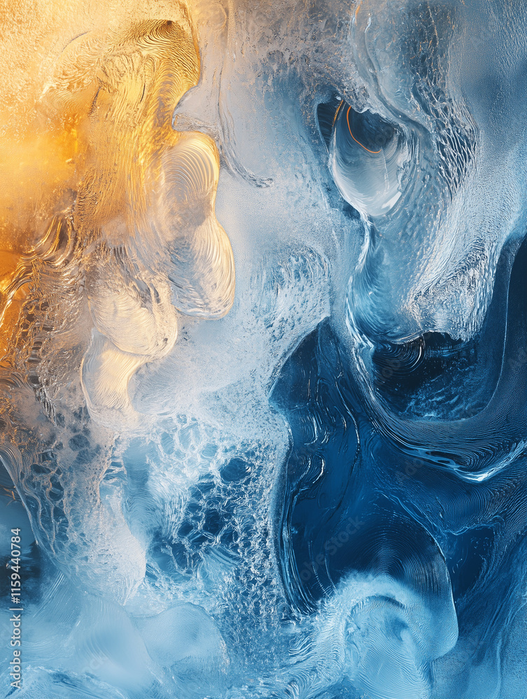 Fototapeta premium Winter frost pattern on glass, abstract fluid art, blue and orange tones, copy space
