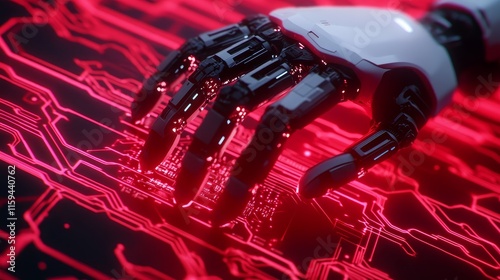 Robotic Hand on Circuit Board - Technology, innovation, future, automation, digital.  A robotic hand interacts with a glowing circuit board.