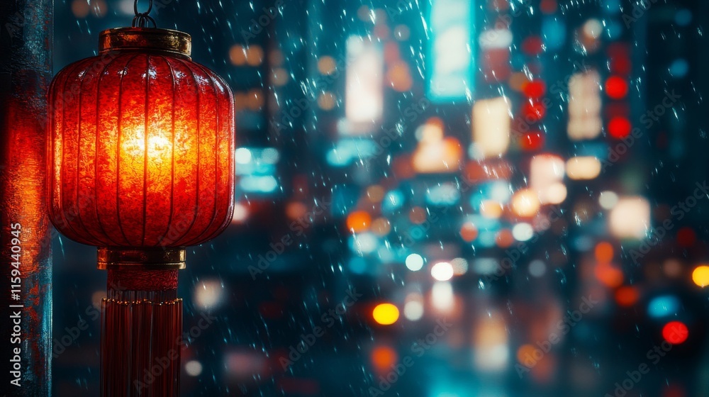 Illuminated Lantern Hanging In Rainy City Night Illuminated Lantern Hanging In Rainy City Night