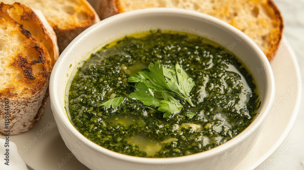 High-angle view of caldo verde with a sprinkle of fresh herbs and a side of crusty bread, hearty and comforting presentation High-angle view of caldo verde with a sprinkle of fresh herbs and a side of crusty bread, hearty and comforting presentation