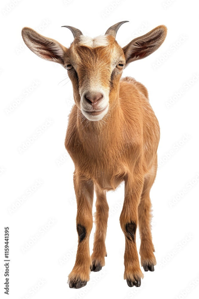 Obraz premium A small, cute baby goat standing on a white background.
