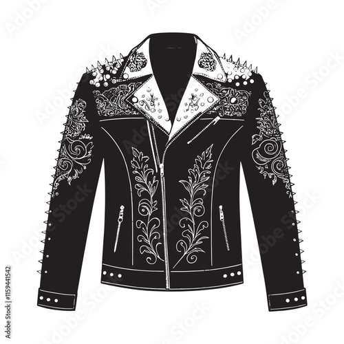 A jet-black leather jacket with spiked shoulders and a high collar, paired with ornate embroidery in dark silhouette