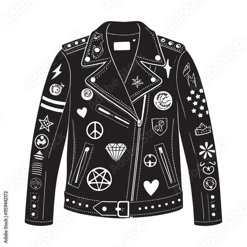 A black leather jacket covered in bold patches, pins, and slogans painted in white silhouette