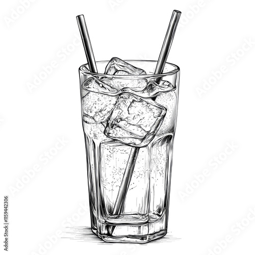 Hand-drawn sketch of a tall glass with ice and two straws.