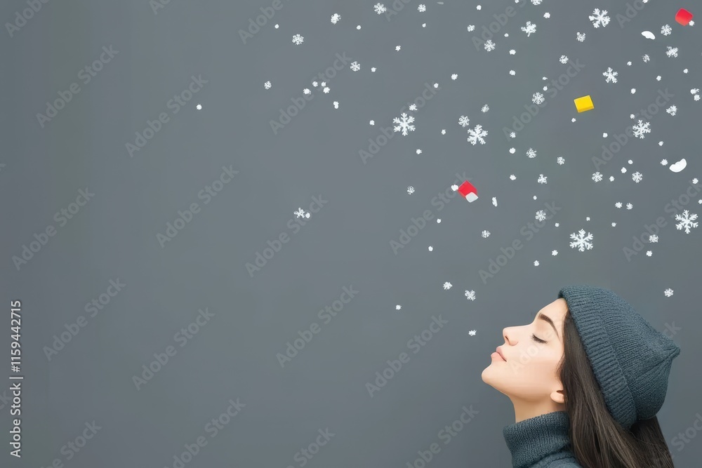 Winter's Gentle Embrace - Serene woman, snowflakes falling, winter peace, quiet contemplation, joyful season. Winter's Gentle Embrace - Serene woman, snowflakes falling, winter peace, quiet contemplation, joyful season.