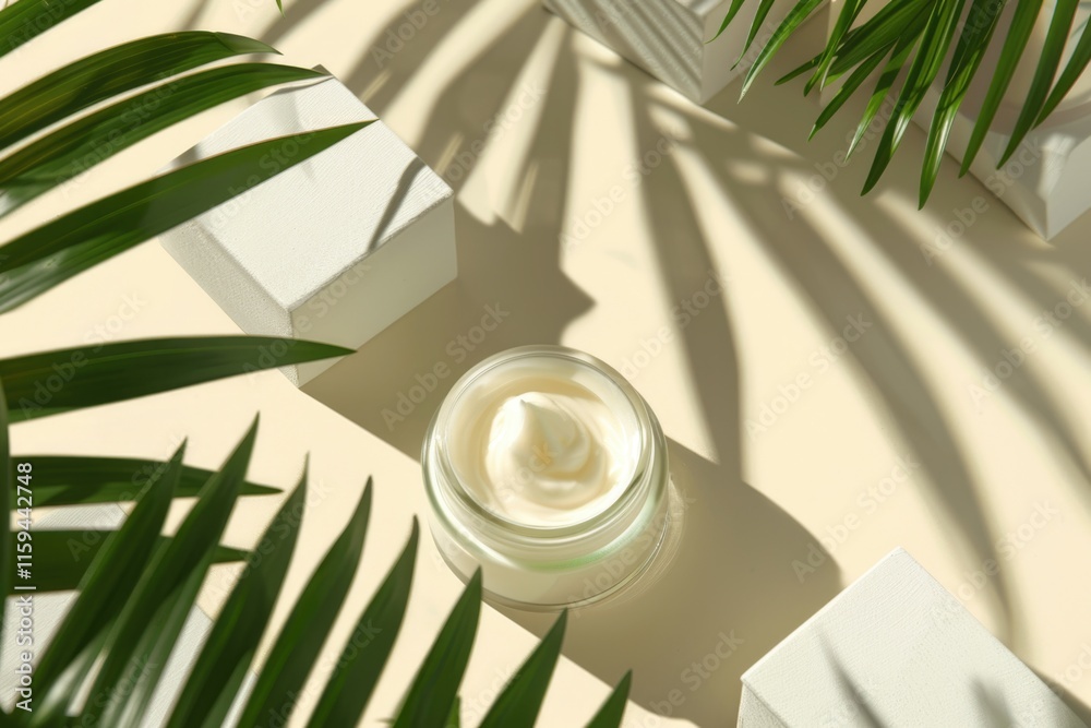 Pot of face cream sitting on a sunlit table surrounded by palm trees, suggesting an exotic location or spa-like experience. Pot of face cream sitting on a sunlit table surrounded by palm trees, suggesting an exotic location or spa-like experience.